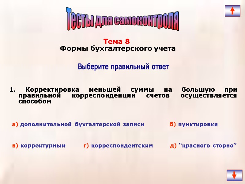 1. Корректировка меньшей суммы на большую при правильной корреспонденции счетов осуществляется способом  